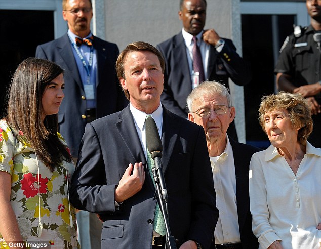 Not guilty:John Edwards addresses the media alongside his daughter Cate Edwards and his parents Wallace and Bobbie Edwards after being cleared in court in Greensboro, North Carolina. on May 31
