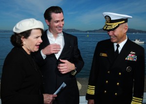 Vice Adm. Richard W. Hunt, commander of U.S. 3rd Fleet speaks with U.S. Senator Dianne Feinstein and San Francisco Mayor Gavin Newsom at the St. Francis Yacht Club during the San Francisco Fleet Week 2010 Parade of Ships. (Image credit: U.S. Navy photo by Mass Communication Specialist 2nd Class Jeremy M. Starr/Released)