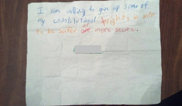 Florida 4th Grader Brings Home Paper That Says, I Am Willing to Give Up Some of My Constitutional Rights in Order to Be Safer...